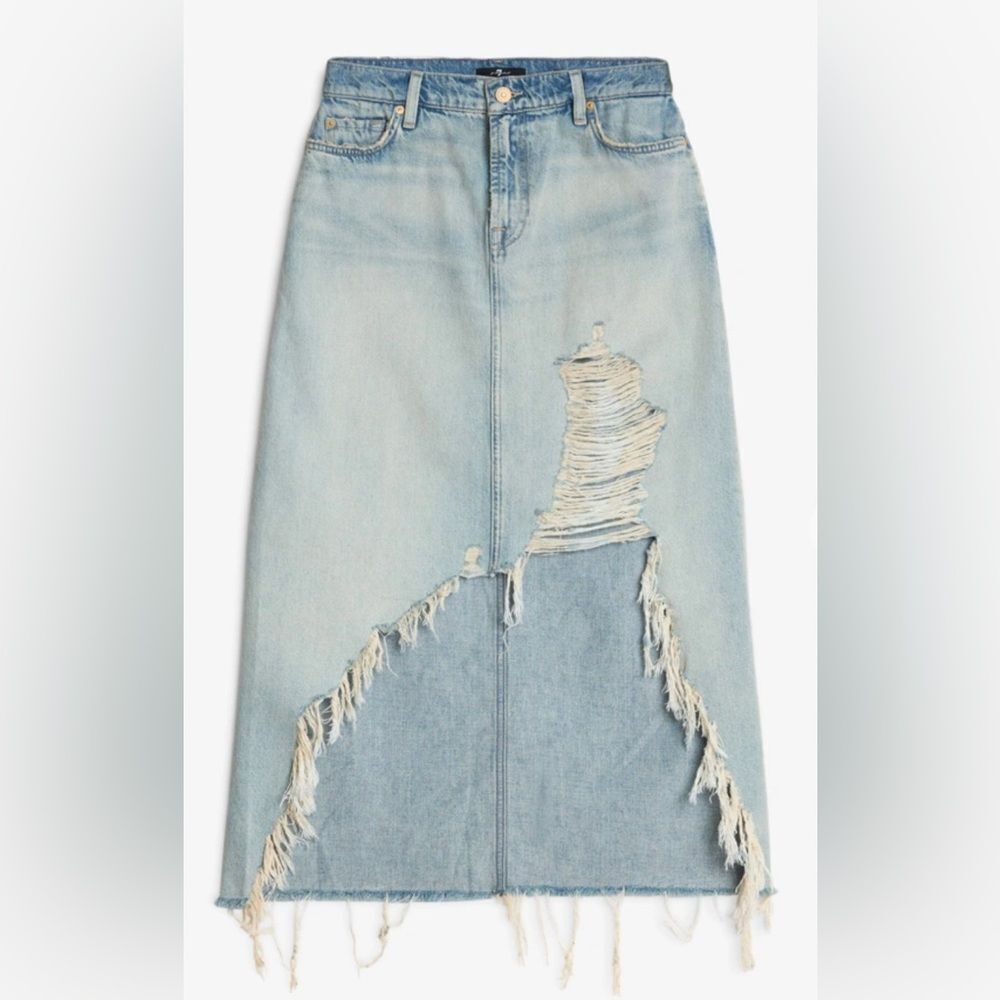 7 For All Mankind Denim Midi Skirt in Peaches Distressed Light Wash Size 27 NWT - Picture 3 of 14